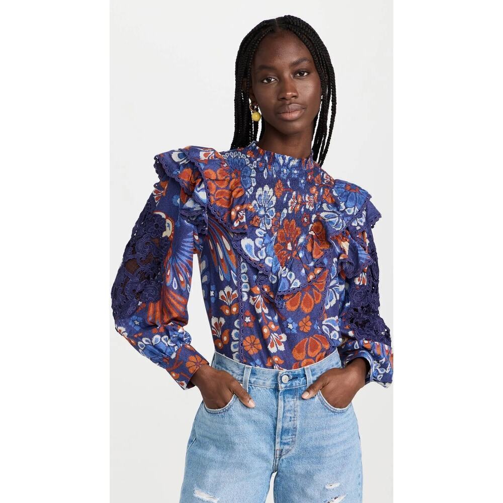 Farm Rio Pineapple Flowers Navy Ruffled Blouse Size XS